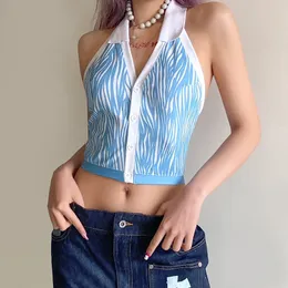 Sexy Womens Backlcrop Top Stripe Halter Przyciski Cardigan Kamizelka Letnia V-Neck Exposed Pępek Slim Fit Short Tank Top Camis X0507