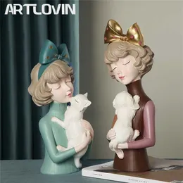 Latest Bow Hairpin Girl Figure Statues Woman Holds Kitten & Dog Sculptures For Home Decor Crafts Living Room Ornaments Fashion 211108