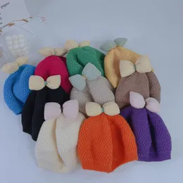 Autumn Winter Baby Kids Knitted Hat Beret Caps Beanies Bowknot Candy Color Girls Children Knit Cap Warm Hats