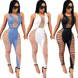 Kvinnors Jumpsuits Rompers Side Lace Up Sexy Party Jumpsuit Kvinnor Sommar Ärmlös Hollow Out Nattklubb Övergripande Skinny Macacao Feminino