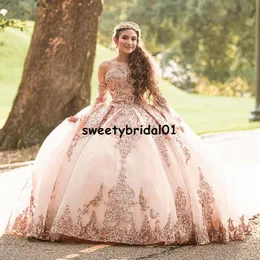 Sparkly Ball Gown Quinceanera Klänningar Avtagbara ärmar Sweetheart Sequines Applique Sweet 16 Dress Masquerad Party Wear