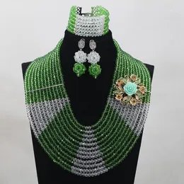 Earrings & Necklace Unique African Beads Jewelry Set Nigerian Wedding Green/White Crystal 12 Rows ANJ157