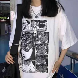 Białe trójniki Junji ITO Horror Manga Uzumaki T-shirt Kobiety Moda Topy Grunge Estetyczne Anime Tee Hipsters Harajuku Styl T Shirt 210623