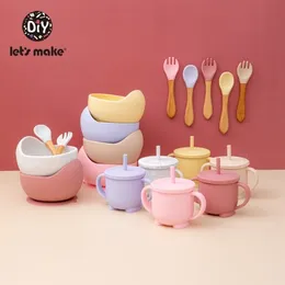 4pcs / 세트 실리콘 그릇 컵 숟가락 포크 세트 피드 스 푸드가 아닌 미끄럼 방지 BPA 무료 식품 학년 식기 식기 아기 선물 제품 210317