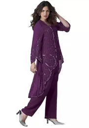 Chic Three Pieces Beading Mother of the Bride Pant Suits LongeeLeVes Jacket Wedding Guest Dress Chiffon paljetter Plus Size Evenin2124