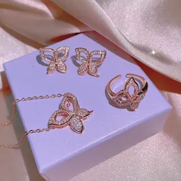 Новые моды женские ювелирные наборы 18K розовое позолоченное покрытие CZ Butterfly серьги ожерелье кольцо для девочек женский хороший подарок