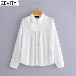 Zevity Women Fashion Lace Patchwork Dots Stitching Chiffon Smock Blouse Office Ladies Press Casual Shirt Chic Blusas Tops LS9329 210603