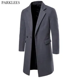 Мужская зимняя шерстяная смесь длинного траншеи бренд черный тонкий подходящий кашемиер пальто 2 кнопки ветровка пальто Abrigo Hombre 210522