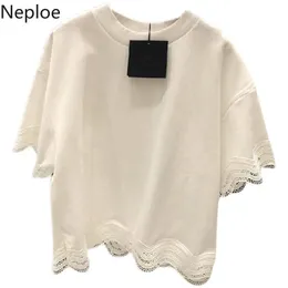 Neploe Korean Chic T Shirts Sommar temperament Vit skjorta O-Neck Hollow Out Lace Patchwork Toppar Ropa Para Mujeres de MODA 210422