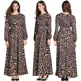Kobiety Leopard Drukuj Długość Długość Kostki Dress Vintage Z Długim Rękawem Casual Party ES Ladies Office Elegant O-Neck 210514