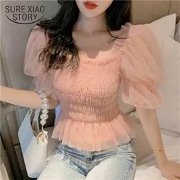 Korean Moda Odzież Letnia Elegancka Mesh Bluzka Kobiety Streetwear Blusas Mujer De Moda Rękaw Puff Różowy Topy 10026 210506