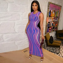 Casual Dresses Summer Streetwear Hip Long Dress Women Sleeveless Vest Striped Print Mesh Bodycon Purple Transparent Sexy Vestidos