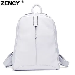 Zency Kadınlar 100% Tam Üst Hakiki Gerçek İnek Deri Dana Beyaz Gri Bej Pembe Sarı Sırt Çantaları Bayanlar Schoolbag Gençler Çanta