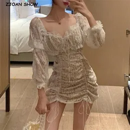 Retro Lacing Up Ruched Package hips Lace Short Dress White Women Sexy Strappy Draped Hem Long Leg sleeve Mesh Mini Dresses 210429