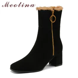 Meotina Real шерсти меховой маленький ребенок замшевые сапоги на высоком каблуке ботинки женские туфли квадратный носок молния коренастые каблуки короткие сапоги женские зима 33-40 210520