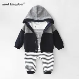 Mudkingdom baby pojke elefant romer cardigan outfit övergripande kostym tjock stripe hooded kappa spädbarn kläder 210615