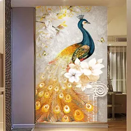 Fondos de pantalla mural personalizado cubierta de pared Europa Retro Golden Peacock Resumen Dormitorio Floral Dormitorio Sala de estar TV Fondo Art Modern 3D