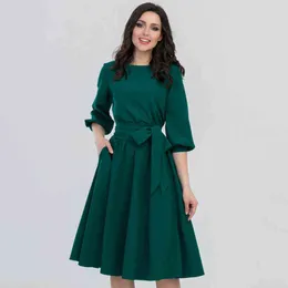 Fashion-jesień Vintage Soild Lantern Rękaw Rękaw A-Line Sukienka Kobiety Elegancka O-Neck Połowa Kieszeń Sashes Długość Kolana Dorywczo