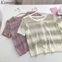 Kimutomo Chic T-shirt floreale sottile Donna Estate Coreana Stile Hong Kong Donna O-Collo Manica corta Cardigan petto Top 210521