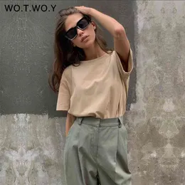 WOTWOY T-shirt basic tinta unita estiva lavorata a maglia T-shirt manica corta in cotone casual da donna Top moda femminile S-XL 210722