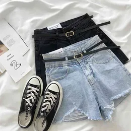 ZHISILAO High Waist A-line Denim Shorts Women with Belt Vintage Hole Ripped Sexy Short Jeans Femme Summer Wide Leg 210719