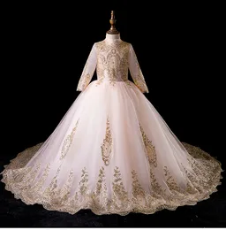 Flower Girl for Wedding Princess Gowns Gold Seques Lace Children Cesto da sera formale First Santa Comunione Abiti 403