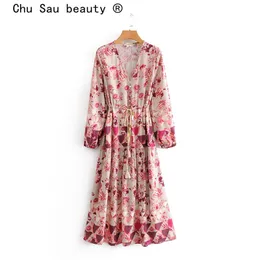 아름다움 패션 Boho 스타일 삼각형 인쇄 미디 드레스 여성 휴일 세련된 싱글 브레스트 깊은 V 칼라 드레스 여성 210514
