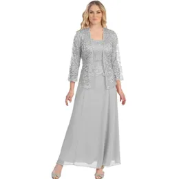 Elegant Silver Two Piece Formal Mother of the Bride Dresses Suits With Jacket Lace Chiffon Long Evening Dress Full Sleeve Wedding Guest Gowns Groom Mothers Wear 2021