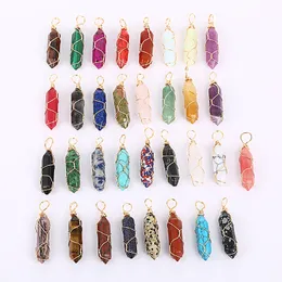 Natural Gem Stone Charms Rose Quartz Crystal Amethyst Hexagonal Prism Pendulum Reiki Pendants For Jewelry Making Gold Wire Wrap Halsband