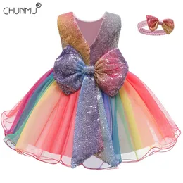 Öppna Back Sequins Flower Baby Girls Dress Ceremony Kläder Tutu Party Elegant Wear Princess Kids Vestidos 210508