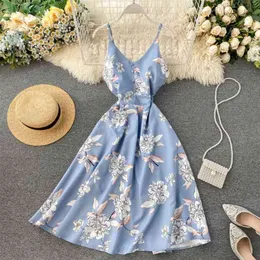 FMFSSOM Boho V Neck Floral Print Slim Sexy Spaghetti Strap Midi Long Summer Casual Party Women A-Line Beach Holiday Dress 210623