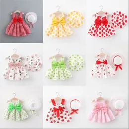 Summer Newborn Baby Clothing Sets Infant Girl Clothes Korean Cute Print Sleeveless Beach Plaid Strawberry Dress Sunhat Princess Dresses 20220226 H1