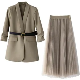 プラスサイズの女性のスーツブレザードレスロングジャケットメッシュドレス 2 点セットベルト付きエレガントな女性の冬のコートドレスセット 4251048 210722