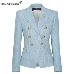 HarleyFashion Mulheres Europeias Elegante luz azul Blazer Metal botons Casual Jaquetas Slim Outerwear Blazers x0721