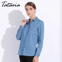 Spring Denim Shirt Women Long Sleeve Turn-Down Collar Blouse Jeans Female Blue Jean Fashion Clothes TATARIA 210514