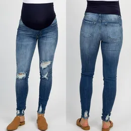 Maternity Bottoms Jean Pants Elastic Waist Belly Lift Pregnant Women Ripped Jeans For Pregnancy Clothes High Waisted Trouser