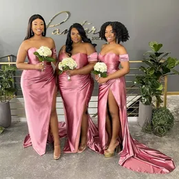 Pink Side Split Bridesmaid Dresses Sweetheart Neckline Mermaid Wedding Guest Dress Sweep Train Satin Country Maid Of Honor Gowns 326 326