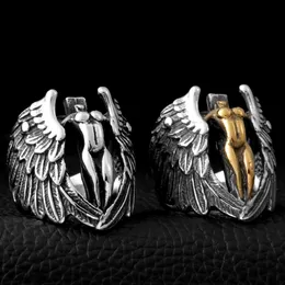 Vintage Men Stainless Steel Band Ring Cross Guardian Goddess of Justice Angel Wings Carved Biker Finger Rings Punk