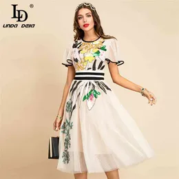 Ld Linda Della Kobiety Lato Moda RunwayMidi Sukienka Butterfly Sleeve Cekinowe hafty Damskie Smukłe Dresy linii 210623