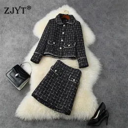 High Quality Winter Runway 2 Piece Set Women Long Sleeve Plaid Tweed Woolen Jacket and Skirt Suit Elegant Lady Work Twinset 210601