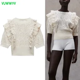 VUWWYV Vintage Ruffle Top lavorato a maglia Donna Estate Elegante Jacquard Maglione a costine Camicette Donna Manica corta Crop Top 210430