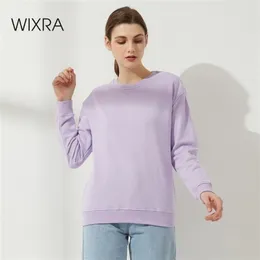 Wixra Sweatshirts Katı Üst Temel O-Boyun Bayanlar Uzun Kollu Rahat Moda Kazaklar Sonbahar Artı Boyutu 210809