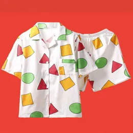 かわいいパジャマセット女性男性ビッグサイズプリント幾何学的3個セットトップス半袖+ショーツ弾性ウエスト+ブレインダールースS98191 210622