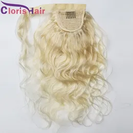 Platinum Blonde Human Włosy Ponytail # 613 Ciało Fala Brazylijski Virgin Wrap wokół Ponytails Clip in Extensions Natural Hairpiece