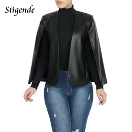 Women's Suits & Blazers Faux Leather Black Cape Blazer Women Casual Pu Jacket Autumn Elegant Long Sleeve Top Office Professional