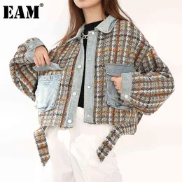 [EAM] Tweed Denim Plaid Krótki Cotton-Wyściełany Płaszcz Z Długim Rękawem Loose Fit Women Parkas Moda Jesień Zima 2022 1Z82205 211130