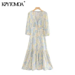 KPYTOMOA Donna Elegante Moda Stampa Floreale Increspato Abito Longuette Vintage Scollo a V Manica a Tre Quarti Abiti Femminili Abiti 210325