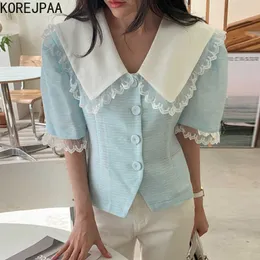 Korejpaa Camisa das mulheres do verão Coreia Chic Temperamento Retro Lace Boneca Coleira Costura única Breasted Slow Slow Sleeve Blouse 210526