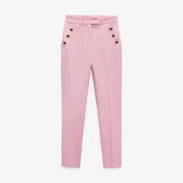 2021ZA European and American spring and autumn leisure all-match button anti-fouling design high waist solid color long pants Q0801