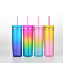 Üç renk degrade akrilik sıska tumbler 16 oz / 450 ml plastik gökkuşağı renk ince fincan kapak ve payet silindiri su şişesi ile